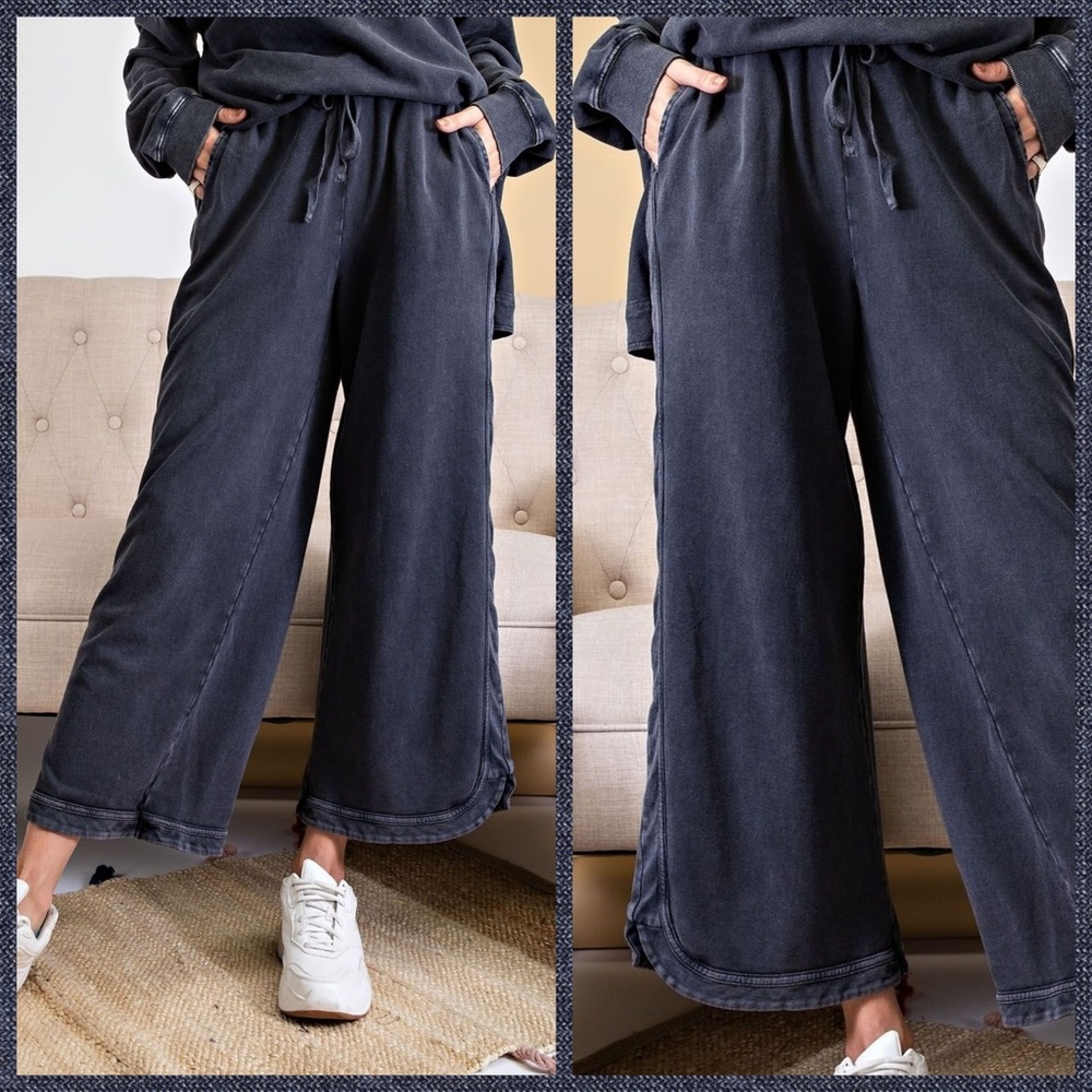 EASEL "So Comfy" Mineral Washed Pants Cotton Terry Side Leg Detail Elastic Waist - Picture 11 of 16